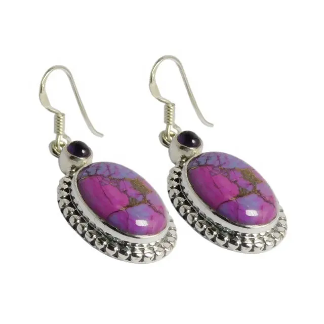 Handcrafted Purple Copper Turquoise Gemstone Earring 925 Sterling Silver Jewelry Earrings For Women