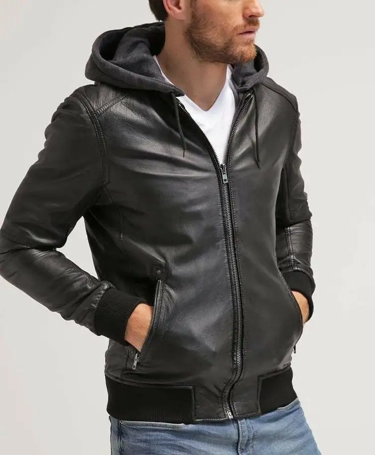 Men Black Leather Jacket with Hood Bomber Jacket Size S M L XL XXL Custom Made