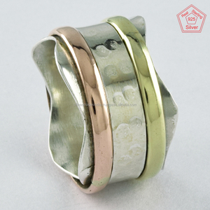 Bague spinner en argent sterling 925 faite à la main bijoux unisexe trois tons avec perle de diamant plaqué or élégant pour l'anniversaire de l'Inde - Product Image 1