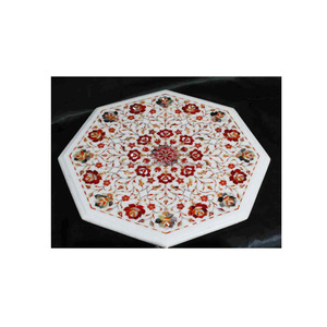 Plateaux de table en marbre blanc semi-précieux incrustés - Product Image 1