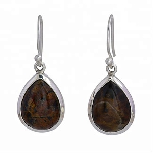 Pendientes colgantes de oreja de Plata de Ley 925 para mujer, forma de pera, Jaspe marrón, piedras preciosas, bisel Chapado en plata, ajuste, bodas, fiestas - Product Image 1