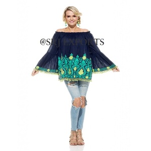 Extensive Hot Sell Cheapest Designer Bright Suzani Embroidered Off Shoulder Shirts Bell Sleeves Pom Pom Hem Women Blouse Top - Product Image 1