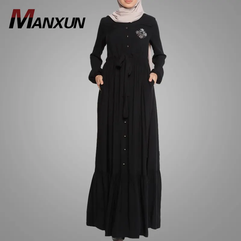 Hotsell Tacchino Nero Musulmano Vestito Lungo Anteriore Button Down Abaya Islamico di Maxi Donne del Vestito