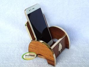 Soporte móvil de madera de trabajo con incrustaciones de latón hecho a mano hermoso y de diseño, soporte móvil para escritorio, soporte de teléfono celular de madera Natural, - Product Image 4