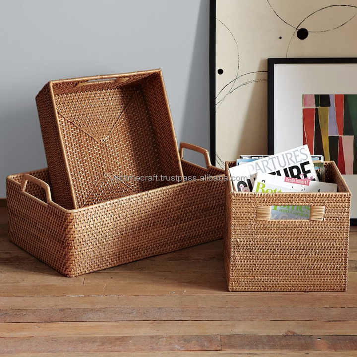 Woven Rectangular Rattan Wicker Storage Basket with Cut out Handles Alibaba