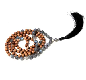 Kalung Labradorite dan cendana pria, kualitas tinggi 108 manik-manik Tibet Mala untuk Yoga dan penyembuhan kristal perhiasan kayu alami