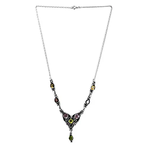 Heiß verkaufte natürliche Multi Healing Edelstein Perlen Halskette Citrin Peridot Aquamarin Granat & Amethyst Modische Halskette
