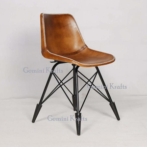 Silla de comedor de cuero y hierro Industrial Vintage - Product Image 1