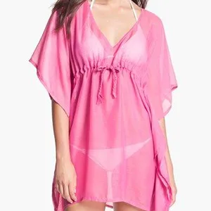 Polyester summer women solid pink and multi color see-through beachwear swimwear cover up Swim Bathing Suit for ladies