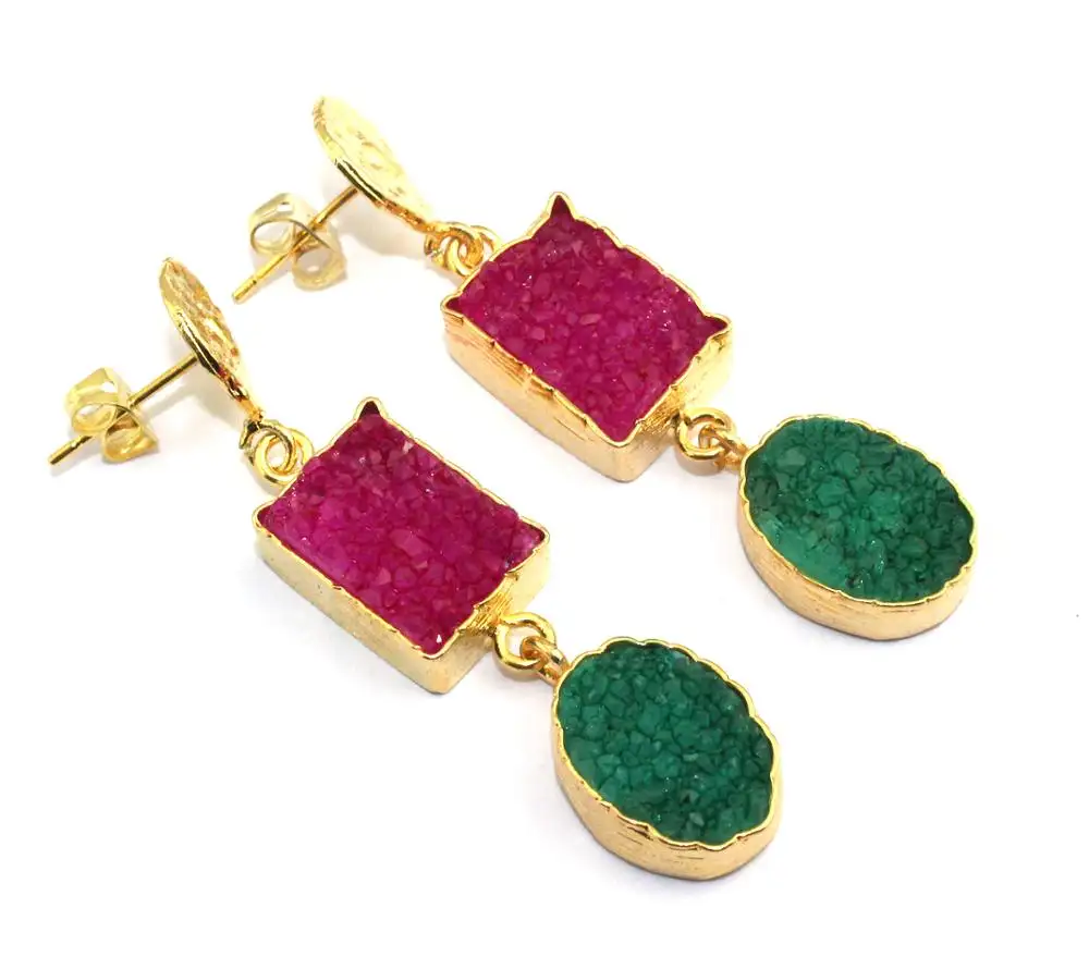 Unique design natural pink & green sugar druzy drop earring brass gold plated earring double stone drop dangle fashion earrings