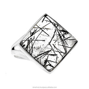 Adorables anillos de declaración de moda de Plata de Ley 925 con piedras preciosas de rutilo negro joyería de moda para bodas anillo al por mayor - Product Image 1