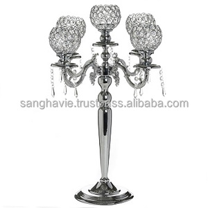 Candelabros de cristal de plata de 5 brazos para bodas - Product Image 1