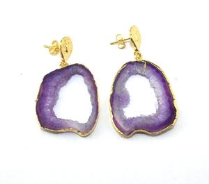 Boucle d'oreille en laiton plaqué or 24K, 1 pièce, naturelle, bleue, fleur de géode, nouveau design, fait à la main, bohème - Product Image 3