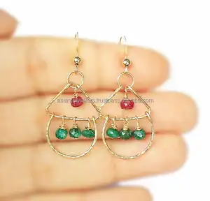 Boucles d'oreilles pendantes en rubis et émeraude teints en plaqué or 925 bijoux en pierres précieuses en argent sterling pour les occasions de fête des femmes - Product Image 1