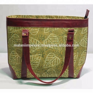 Bolso de Mano de Algodón con Estampado Artesanal, Moda Sostenible, Bolso Tote al por Mayor, Bolso de Compras Tradicional Indio de Algodón con Asa de Cuero - Product Image 2