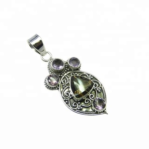 925 Vintage Style Handmade Sterling Silver <b>Pendant</b> Multi-Gemstone Gold Plating Fashion Wholesale Jewelry <b>Amethyst</b> Gold Plating - Product Image 1