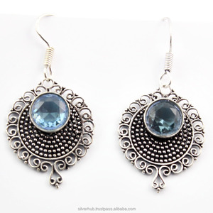 Amazing Swiss Blue Topaz Gemstone 925 Sterling <b>Silver</b> Drop & <b>Dangle</b> <b>Earrings</b> Wholesale Handmade Blue Gemstone <b>Earrings</b> Jewelry - Product Image 4