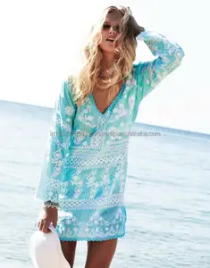 Badpak Cover Up Summer Beach Korte Jurk Tuniek Met Paisley Opvallende Aari Borduren & Haak Trim In Groothandel prijs