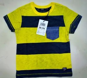 T-shirt à manches courtes pour enfants, avec col ras du cou, jaune, en coton à rayures, tenue, marque, été,