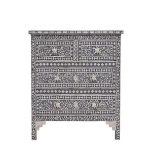 Buffet Black & White Geometric Pattern Bone Inlay Furniture - Buffet Credenza Black & White Geometric Hexagon Pattern