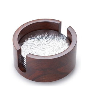 Sous-verres en métal plaqué argent, 6 pièces avec support en bois, sous-verres pour table basse, sous-verres pour protection de table - Product Image 1