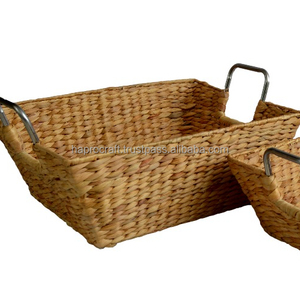 Water Hyacinth Tray <b>with</b> Metal <b>Handles</b> Bamboo <b>Basket</b> for Kitchen Home Storage & Organization HS 4221/2 - Product Image 1