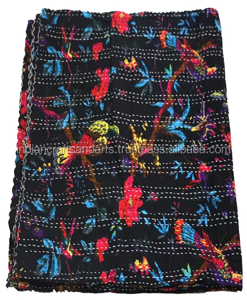 Indian Flower Print Kantha Quilt, Kantha Vintage Bedspread Blanket, Kantha Throw Quilts