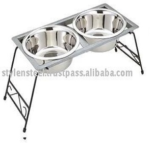 Double support en fil de fer chromé avec 2 bols en acier inoxydable pour chat et chien - Product Image 2