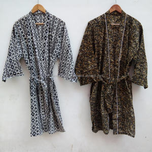 Kimono de Tela de Algodón con Estampado en Bloque al por Mayor, con Cinturón, Cintura Ajustable y Bolsillos, Bata Larga para Dormir, Ropa de Dormir para Mujer - Product Image 1