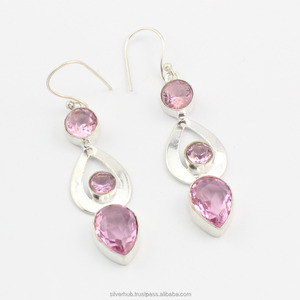 Pendientes Colgantes de Plata de Ley 925 con Cuarzo Rosa, Joyería de Plata Hecha a Mano, Precio al por Mayor, Proveedores a Granel de la India - Product Image 3