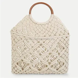 Promosyon eko örgü alışveriş çantası yeniden kullanılabilir dize pamuk makrome Net bez plaj çantası hindistan'dan