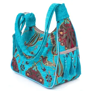 Turkish Authentic Tassel Bag With Turquoise Color Fabric and Tulip and Cloves Patterned ... From Turkey