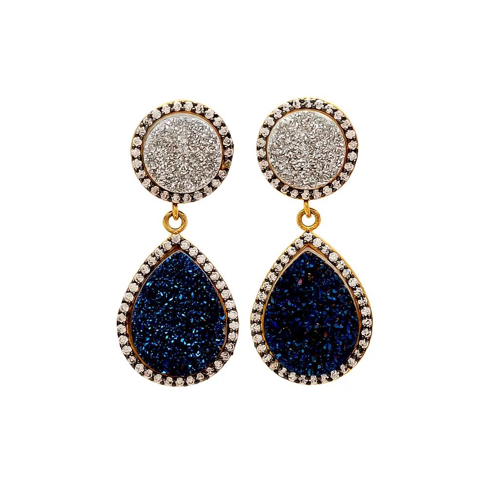 Titanium Blue Druzy & Silver Druzy Beautiful Gift Of Every Girls & Woman's Brass Earrings