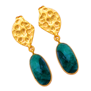 Green <b>Emerald</b> gemstone 925 sterling silver gold plated hammered attack earrings - Product Image 1