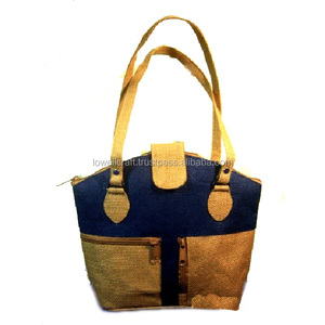 Lowellcraft Jute Shopping <b>Bag</b> Model JDB00160 <b>Medium</b> <b>Size</b> Blue and Beige with Zipper Closure Hand Length Handle Daily Use - Product Image 1