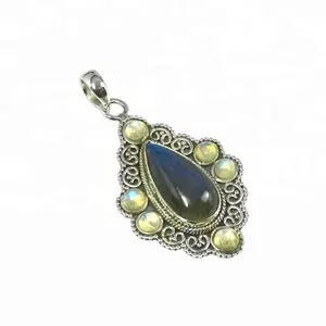 Labradorite naturelle péridot multi-pierres précieuses pendentif fait à la main solide 925 argent Sterling bijoux fins pendentifs et breloques - Product Image 1