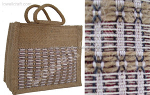 LowellCraft Jute Tote <b>Bag</b> with Lattice Design Open Closure Bohemian Style Made in Delhi for Shopping - Product Image 2