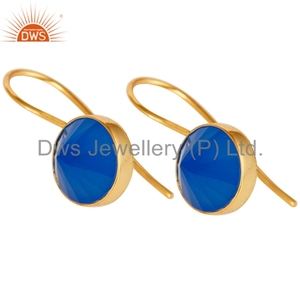Boucle d'oreille en argent sterling plaqué or jaune calcédoine bleue Fournisseur de bijoux de créateur Collection classique - Product Image 2