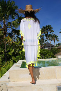 Direct Factory Graceful Short Sleeve Ladies Daily Clothing Floral Embroider Tassel Trim Hippie Sexy Beach Cover up Kaftan Dress - Product Image 3