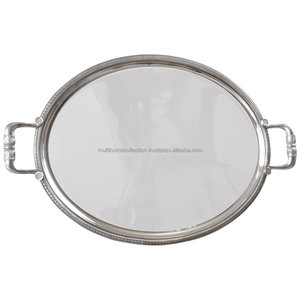 Bandejas para servir artesanales hechas en la India para eventos de boda Material ecológico Bandeja para servir ovalada niquelada de acero inoxidable - Product Image 1