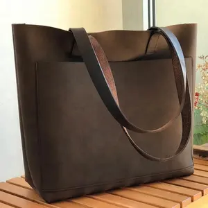 Tas Jinjing Kulit Cokelat Besar dengan Saku Luar, Tas Jinjing Kulit Tertekan Premium Kokoh, AV-0042 Buatan Tangan