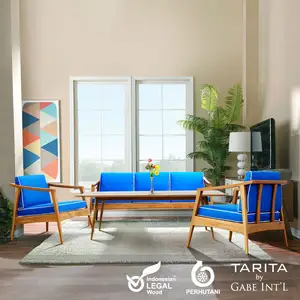 Sofá de salón de tres plazas de madera maciza de teca, estilo contemporáneo Vintage con cojín de tela extraíble para muebles de sala de estar para el hogar - Product Image 1