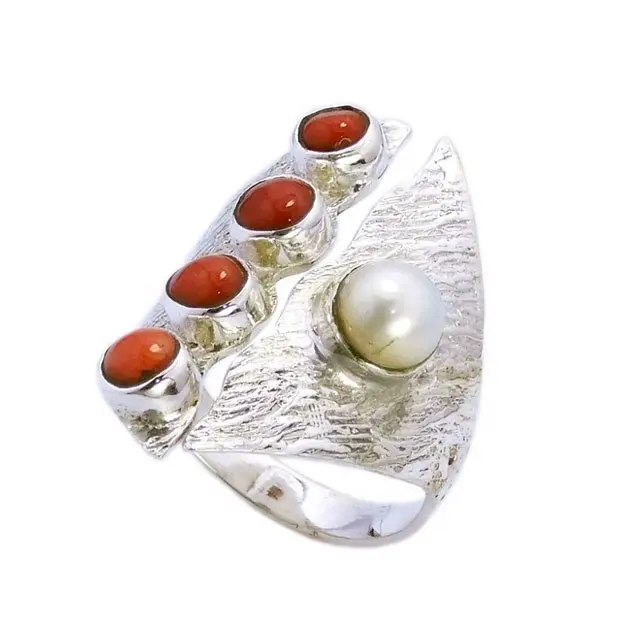 Son tasarım Vintage yüzük mercan ve inci çok renkli taş 925 ayar gümüş dövülmüş yüzükler kadın düğün takısı için