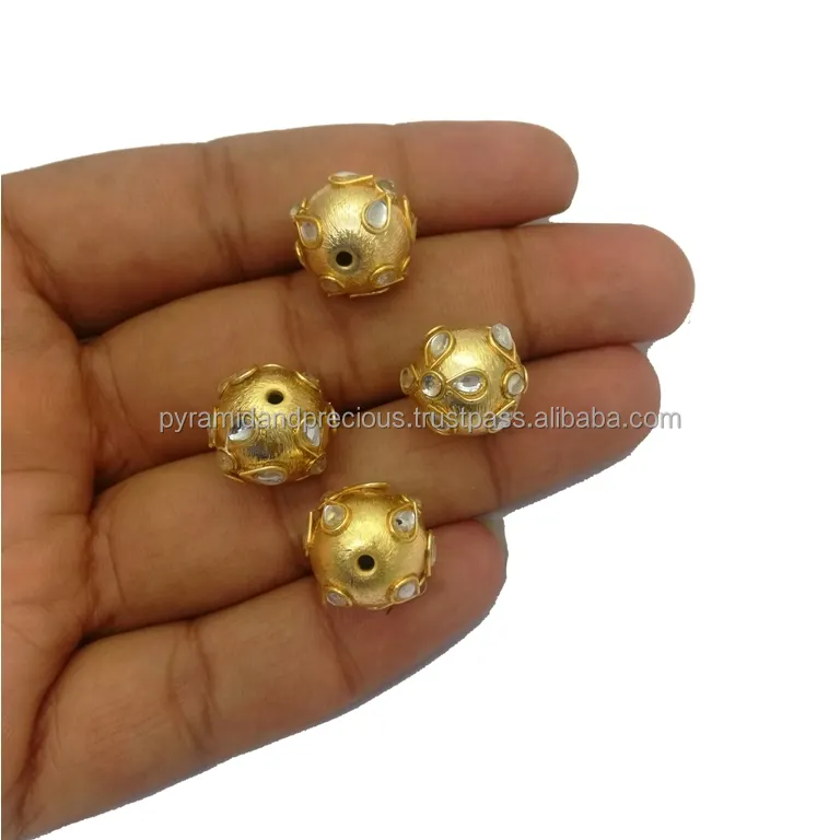 Gold Plated Kundan Work Metal 14mm Round Bead, Handmade Jewelry Making Bead