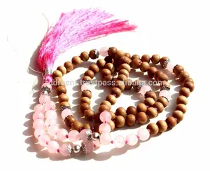 Acheter Pierre Naturelle De Yoga Bijoux Fabriqués À La Main de bois de Santal Rose Quartz Coeur Chakra 108 Perles Soie Gland Mala