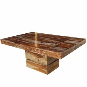 现代风格固体sheesham木材六座单腿两个抽屉雕花餐桌