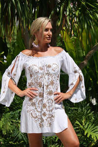 Robe de plage brodée style bohémien pour femmes, vêtements personnalisés, col à épaules dénudées, manches fendues, tunique courte confortable, Cover-Up, 2017 - Product Image 2