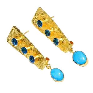 Magnificent turquoise blue quartz gemstone earrings brass gold plated wholesale jewelry exporters and manufacturer
