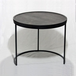 โต๊ะกาแฟทรงกลมแบบซ้อนได้ทันสมัย โต๊ะกาแฟทรงกลมเหล็กพร้อมท็อปไม้สีดำ - Product Image 1