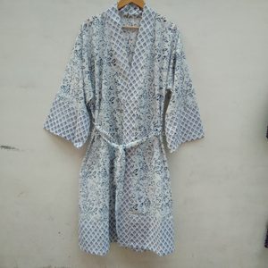 กิโมโนผ้าพิมพ์ลายบล็อกคอตตอนพร้อมเข็มขัดผูกเอวและกระเป๋าใส่นอนและเลานจ์ในฤดูร้อน - Product Image 1